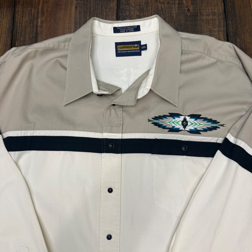 Panhandle Slim Western Shirt XXL Beige Embroidered Aztec top, pearl‎ snap, EUC
